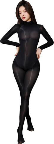 LESOYA النساء الرجال طويلة الأكمام ارتداءها شير Catsuit عالية طوق النفط لامعة بوديستوكينج حريري كامل الجسم الجورب in Kuwait