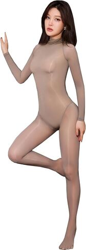 LESOYA النساء الرجال طويلة الأكمام ارتداءها شير Catsuit عالية طوق النفط لامعة بوديستوكينج حريري كامل الجسم الجورب in Kuwait