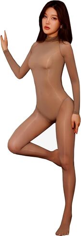 LESOYA النساء الرجال طويلة الأكمام ارتداءها شير Catsuit عالية طوق النفط لامعة بوديستوكينج حريري كامل الجسم الجورب in Kuwait