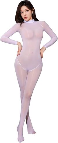 LESOYA النساء الرجال طويلة الأكمام ارتداءها شير Catsuit عالية طوق النفط لامعة بوديستوكينج حريري كامل الجسم الجورب in Kuwait