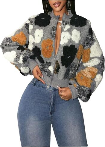SOLY HUX Women's Floral Fuzzy Jacket Zip Up Mock Neck Long Sleeve Cropped Jackets Winter Warm Outerwear in Saudi Arabia