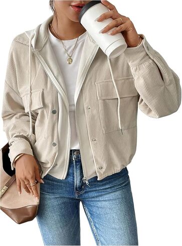 SOLY HUX Women's Zip Up Hooded Corduroy Jacket Shacket Long Sleeve Casual Outerwear with Pockets in Saudi Arabia