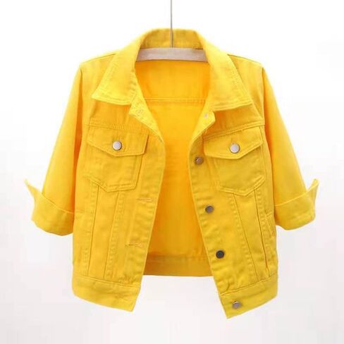 JiXiang Crop Jean Jacket for Women Denim Jacket 3/4 Sleeve Button Down Motorcycle Short Jackets Light Wash Retro Trucker Coat in Saudi Arabia