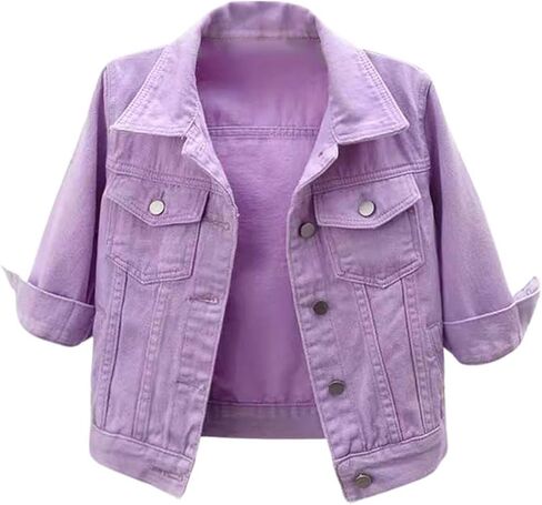 JiXiang Crop Jean Jacket for Women Denim Jacket 3/4 Sleeve Button Down Motorcycle Short Jackets Light Wash Retro Trucker Coat in Saudi Arabia