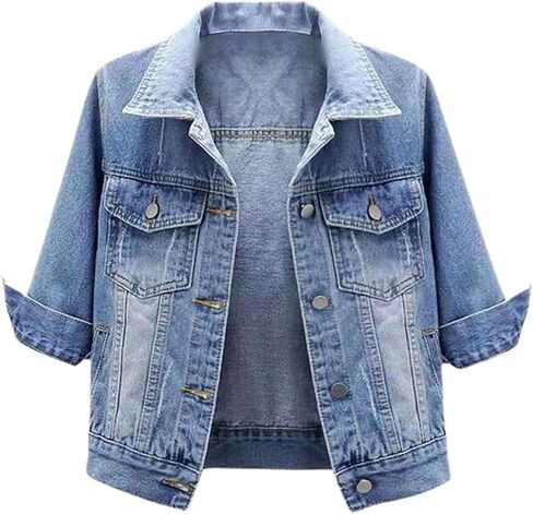 JiXiang Crop Jean Jacket for Women Denim Jacket 3/4 Sleeve Button Down Motorcycle Short Jackets Light Wash Retro Trucker Coat in Saudi Arabia