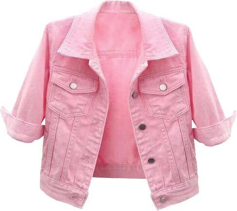 JiXiang Crop Jean Jacket for Women Denim Jacket 3/4 Sleeve Button Down Motorcycle Short Jackets Light Wash Retro Trucker Coat in Saudi Arabia