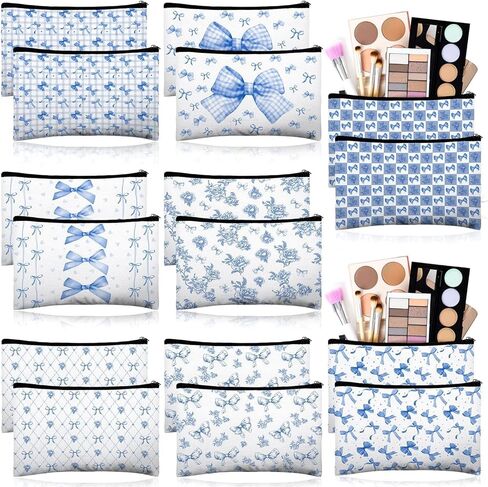 16 قطعة من حقائب مكياج على شكل فيونكة للنساء باللون الأزرق Coquette Aesthetic Preppy حقائب مستحضرات التجميل على شكل فيونكة زهرية من القماش حقائب أدوات الزينة الجمالية للسفر بسحاب لوصيفات العروس ومستلزمات حفلات الزفاف in Kuwait