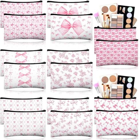 16 قطعة من حقائب مكياج على شكل فيونكة للنساء باللون الأزرق Coquette Aesthetic Preppy حقائب مستحضرات التجميل على شكل فيونكة زهرية من القماش حقائب أدوات الزينة الجمالية للسفر بسحاب لوصيفات العروس ومستلزمات حفلات الزفاف in Kuwait