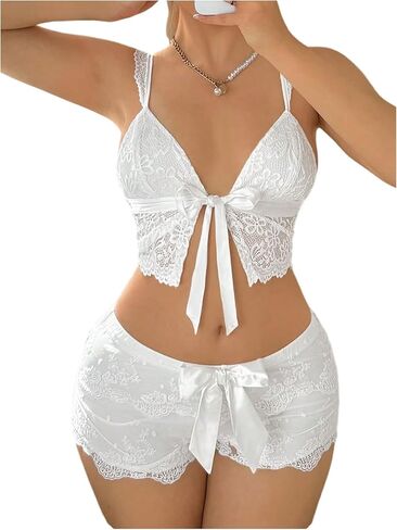 OYOANGLE Women's Bow Tie Front Crop Cami Top Lace Tops Spaghetti Strap Coquette Camisole in Saudi Arabia