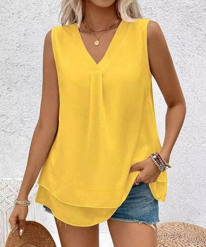 Plus Size Women's Fashion Casual Elegant Vacation V-Neck Solid Color Chiffon Summer Sleeveless Vest in Saudi Arabia