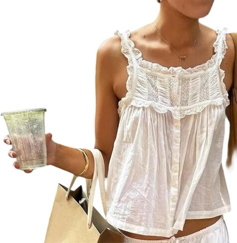 Women Y2k Lace Trim Tank Top Sleeveless Sheer Lace Patchwork Ruffle Crop Top Scoop Neck Button Down Camisole in Saudi Arabia