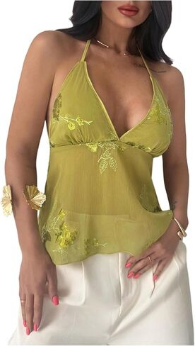SHENHE Women's Y2k Floral Sequin Halter Top Low Cut Backless Sheer Chiffon Ruffle Flowy Tank in Saudi Arabia