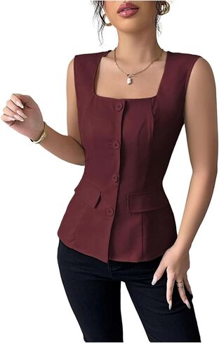 Floerns Women's Sleeveless Work Vest Blouse Square Neck Button Front Dressy Casual Tops in Saudi Arabia