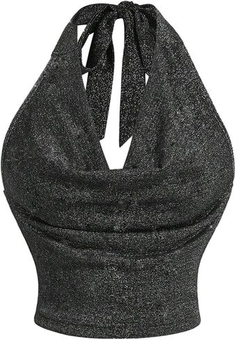 MakeMeChic Women's Sparkly Halter Top Draped Front Tie Back Sleeveless Club Tank Crop Tops in Saudi Arabia
