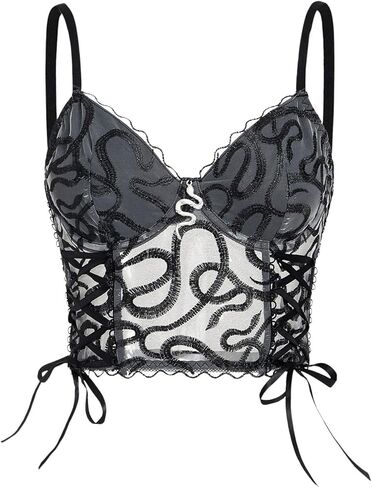 SHENHE Women's Sexy Sheer Mesh Lace Up Bustier Corset Snake Print Y2k Crop Cami Top in Saudi Arabia