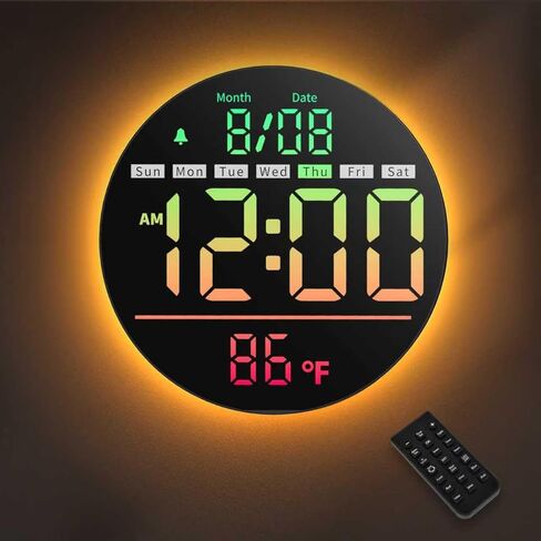 ساعة حائط رقمية من LEIKE بشاشة LED مقاس 8 بوصات، ساعة حائط مستديرة مع شاشة عرض ملونة 11 RGB، جهاز تحكم عن بعد، تعديل السطوع، التوقيت الصيفي، مؤقت، درجة الحرارة، منبه، إضاءة ليلية للفصل الدراسي، المكتب، صالة الألعاب الرياضية in Kuwait