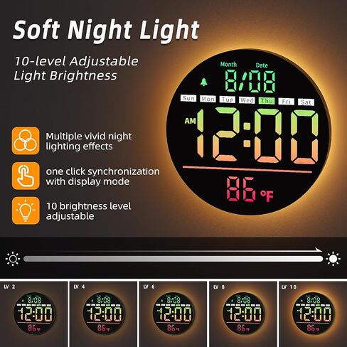 ساعة حائط رقمية من LEIKE بشاشة LED مقاس 8 بوصات، ساعة حائط مستديرة مع شاشة عرض ملونة 11 RGB، جهاز تحكم عن بعد، تعديل السطوع، التوقيت الصيفي، مؤقت، درجة الحرارة، منبه، إضاءة ليلية للفصل الدراسي، المكتب، صالة الألعاب الرياضية in Kuwait