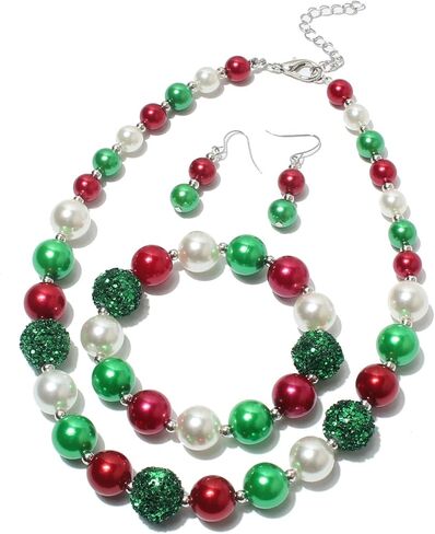 Pingyongchang 3Pcs/set Christmas Big Simulated Pearl Statement Necklace Red Green Earrings Bracelet Christmas Festival Holiday Jewelry Set for Women Xmas Party Gifts in Saudi Arabia