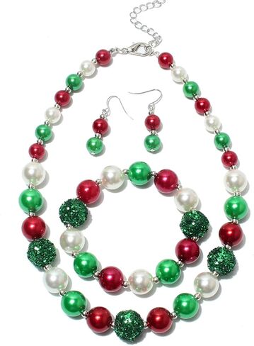 Pingyongchang 3Pcs/set Christmas Big Simulated Pearl Statement Necklace Red Green Earrings Bracelet Christmas Festival Holiday Jewelry Set for Women Xmas Party Gifts in Saudi Arabia