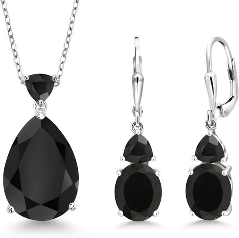 Gem Stone King 15.99 Cttw Black Onyx Pendant Earrings Jewelry Set For Women | 925 Sterling Silver | Pear Shape 18X13MM | Gemstone December Birthstone | With 18 Inch Chain in Saudi Arabia