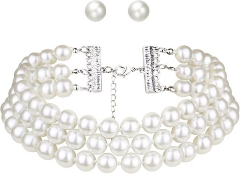 BriLove Elegant Round Cream Simulated Pearl 3 Strand Layered Pearl Choker Necklace Stud Earrings Link Bracelet Jewelry Set for Women Costume Cosplay Party Prom in Saudi Arabia