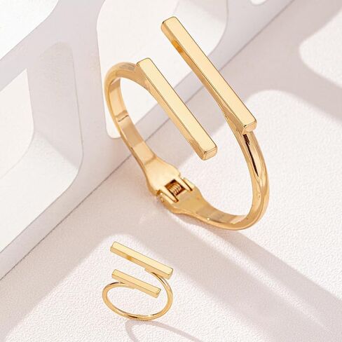 Chunky Gold Bracelet and Ring Jewelry Set,Thick Bracelets Stack Statement Rings Set Non Tarnish Chunky Bangles Jewelry Gits for Women in Saudi Arabia