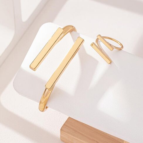 Chunky Gold Bracelet and Ring Jewelry Set,Thick Bracelets Stack Statement Rings Set Non Tarnish Chunky Bangles Jewelry Gits for Women in Saudi Arabia
