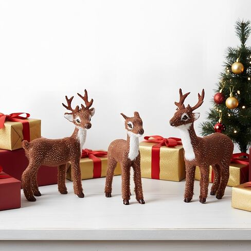 3 Pcs Christmas Reindeer Decor, Festive Holiday Decorations, Rustic Elk Ornaments, Handcrafted Tabletop Decor for Home, Office, Fireplace, Mantle (Brown) in Saudi Arabia