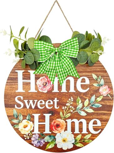 علامة ترحيب خشبية من Home Sweet Home لديكور الباب الأمامي، علامة معلقة لديكور جدار الشرفة المنزلية، علامة جدار الشرفة المنزلية الحلوة مع هدية إكليل عقدة على شكل فيونكة لباب المدخل الأمامي للشرفة (بني) in Saudi Arabia