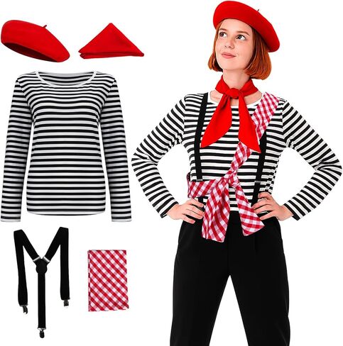 Women Maelle Costume Striped Shirt Beret Scarf Suspender Outfit Halloween Cosplay Adventure Suit Set in Saudi Arabia