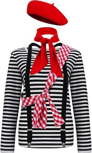 Women Maelle Costume Striped Shirt Beret Scarf Suspender Outfit Halloween Cosplay Adventure Suit Set in Saudi Arabia