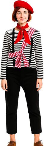 Women Maelle Costume Striped Shirt Beret Scarf Suspender Outfit Halloween Cosplay Adventure Suit Set in Saudi Arabia