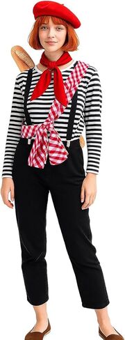 Women Maelle Costume Striped Shirt Beret Scarf Suspender Outfit Halloween Cosplay Adventure Suit Set in Saudi Arabia