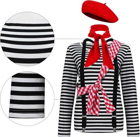 Women Maelle Costume Striped Shirt Beret Scarf Suspender Outfit Halloween Cosplay Adventure Suit Set in Saudi Arabia