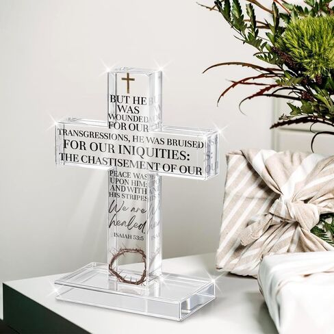 PVOPVO Christian Religious Easter Decorations Easter Cross Desk Decor Bible Verse Isaiah 53:5 Gifts for Women Men Friend for Home Office Prayer Room Shelf Desk Table Spring Seasonl Decor in Kuwait