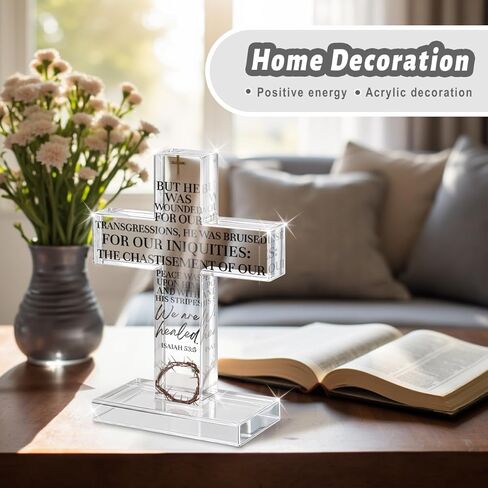 PVOPVO Christian Religious Easter Decorations Easter Cross Desk Decor Bible Verse Isaiah 53:5 Gifts for Women Men Friend for Home Office Prayer Room Shelf Desk Table Spring Seasonl Decor in Kuwait