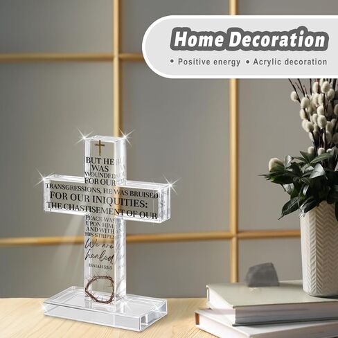 PVOPVO Christian Religious Easter Decorations Easter Cross Desk Decor Bible Verse Isaiah 53:5 Gifts for Women Men Friend for Home Office Prayer Room Shelf Desk Table Spring Seasonl Decor in Kuwait