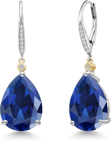 أقراط متدلية من Gem Stone King 20.43 Cttw باللون الأزرق والياقوت الأبيض والأبيض للنساء | فضة عيار 925 وذهب أصفر عيار 10 قيراط | الأحجار الكريمة جوهرة سبتمبر | شكل كمثرى 16 × 12 ملم in Kuwait