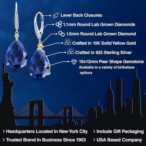 أقراط متدلية من Gem Stone King 20.43 Cttw باللون الأزرق والياقوت الأبيض والأبيض للنساء | فضة عيار 925 وذهب أصفر عيار 10 قيراط | الأحجار الكريمة جوهرة سبتمبر | شكل كمثرى 16 × 12 ملم in Kuwait