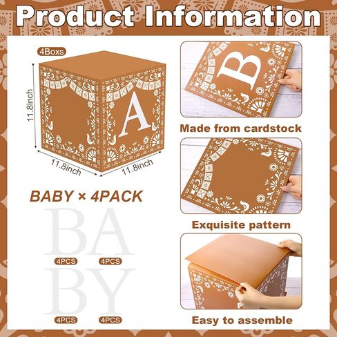 Vesici 4 Pcs Cielito Lindo Baby Shower Party Decorations Mexican Papel Picado Baby Boxes with Letters Mexican Cielito Lindo Fiesta Blocks Boxes Decor for Gender Reveal Birthday Photo Props (Brown) in Saudi Arabia