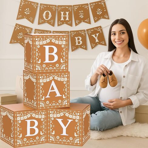 Vesici 4 Pcs Cielito Lindo Baby Shower Party Decorations Mexican Papel Picado Baby Boxes with Letters Mexican Cielito Lindo Fiesta Blocks Boxes Decor for Gender Reveal Birthday Photo Props (Brown) in Saudi Arabia
