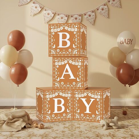 Vesici 4 Pcs Cielito Lindo Baby Shower Party Decorations Mexican Papel Picado Baby Boxes with Letters Mexican Cielito Lindo Fiesta Blocks Boxes Decor for Gender Reveal Birthday Photo Props (Brown) in Saudi Arabia