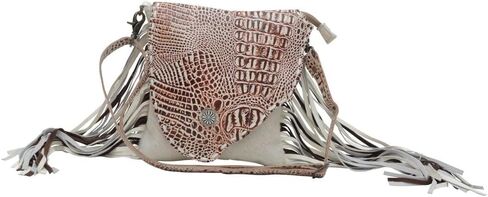 Myra Bag Western Leather Crossbody Bag for Women - Hairon Upcycled Canvas Flap Boho Bag with Tassel Smokey in Saudi Arabia