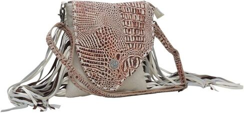 Myra Bag Western Leather Crossbody Bag for Women - Hairon Upcycled Canvas Flap Boho Bag with Tassel Smokey in Saudi Arabia