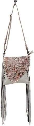Myra Bag Western Leather Crossbody Bag for Women - Hairon Upcycled Canvas Flap Boho Bag with Tassel Smokey in Saudi Arabia