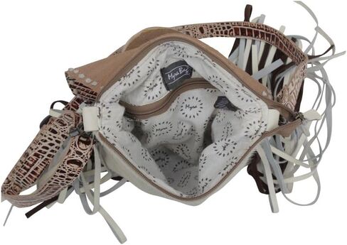 Myra Bag Western Leather Crossbody Bag for Women - Hairon Upcycled Canvas Flap Boho Bag with Tassel Smokey in Saudi Arabia