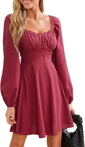 CUPSHE Women's Fall Dresses 2025 Long Sleeve Casual Outfits A Line Ruched Cotton Cocktail Sweetheart Flowy Mini Party Dress in Saudi Arabia