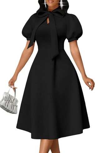 فساتين Nmoder متوسطة الطول للنساء، مقاس شبه رسمي وربطة عنق واسعة وأكمام منتفخة أنيقة لحفلات الكوكتيل والصيف فستان قصير in Kuwait