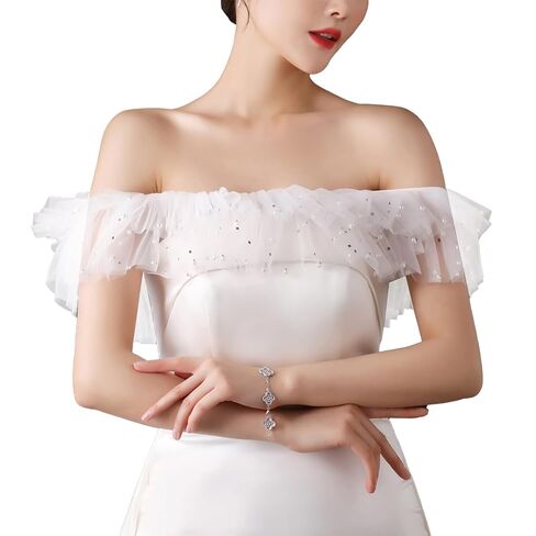 NICENEEDED Shoulderless Bridal Shawl, White Tulle Pearl Shawl Wrap, Women's Capelet for Evening Dresses Tulle Shawl Wrap Bridal Wedding Chiffon Cape Flapper Cover Up in Saudi Arabia