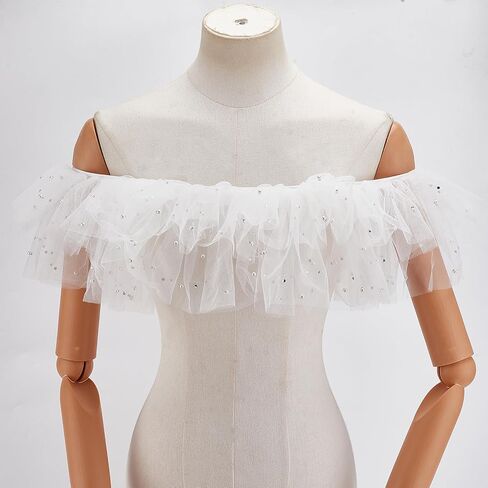 NICENEEDED Shoulderless Bridal Shawl, White Tulle Pearl Shawl Wrap, Women's Capelet for Evening Dresses Tulle Shawl Wrap Bridal Wedding Chiffon Cape Flapper Cover Up in Saudi Arabia